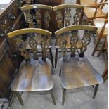 SET OF 4 ERCOL KITCHEN CHAIRS WITH DECORATIVE BACKS ON TURNED SUPPORTS