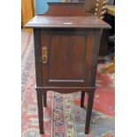 EARLY 20TH CENTURY MAHOGANY BEDSIDE CABINET ON SQUARE SUPPORTS 84CM TALL
