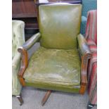 ARTS AND CRAFTS STYLE LEATHER SWIVEL ARMCHAIR Condition Report: Leather has wear,