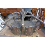 ARTS & CRAFTS POTTERY GARDEN 2 SEAT ARMCHAIR / BENCH IN THE FORM OF TREE STUMPS & BRANCHES DATED