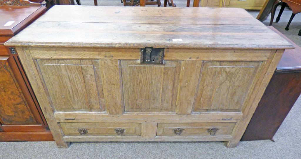 19TH CENTURY TRIPLE PANEL OAK COFFER WITH 2 DRAWERS 74CM TALL & FALL FRONT