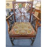 19TH CENTURY MAHOGANY ARMCHAIR WITH DECORATION CARVED BACK AND SIDES ON SQUARE SUPPORTS