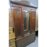 MAHOGANY WARDROBE WITH CARVED DECORATION & MIRROR DOOR OVER 2 SHORT AND 1 LONG DRAWER