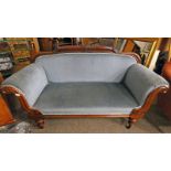 19TH CENTURY MAHOGANY FRAMED SETTEE ON TURNED SUPPORTS Condition Report: Fabric is