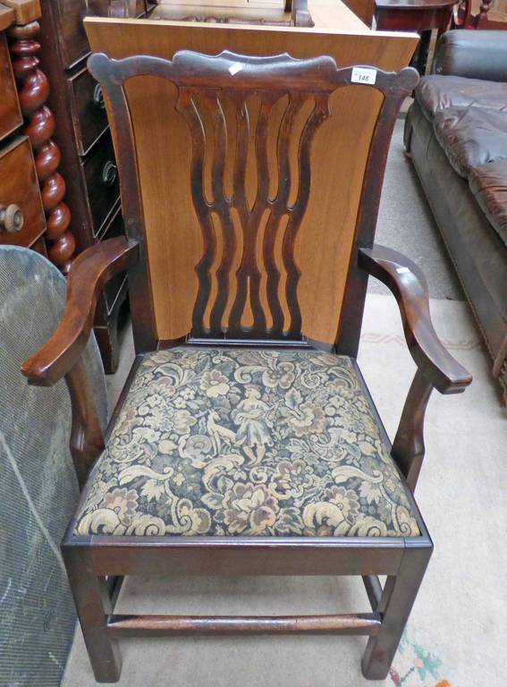 19TH CENTURY MAHOGANY OPEN ARMCHAIR ON SQUARE SUPPORTS