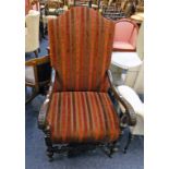 LATE 19TH CENTURY EARLY 20TH CENTURY MAHOGANY FRAMED ARMCHAIR WITH DECORATIVE CARVING