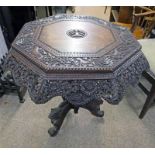 EASTERN CARVED HARDWOOD OCTAGONAL CENTRE TABLE WITH TURNED COLUMN & DOG SUPPORTS 77CM TALL X 79CM