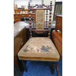 19TH CENTURY ROSEWOOD SIDE CHAIR WITH TAPESTRY SEAT & BACK ON BOBBIN SUPPORTS 89 CM TALL