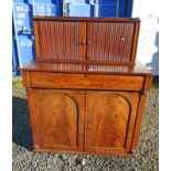 19TH CENTURY MAHOGANY CABINET WITH 2 TAMBOUR DOORS OVER DRAWER WITH 2 PANEL DOORS BELOW