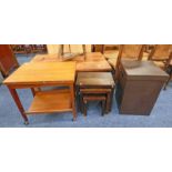 TEAK CARD TROLLEY LINEN BOX & NEST OF 3 HARDWOOD TABLES ETC