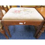 TAPESTRY TOPPED MAHOGANY STOOL ON SQUARE SUPPORTS