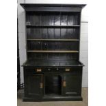 PAINTED PINE DRESSER WITH PLATE RACK BACK OVER 2 DRAWERS & 2 PANEL DOORS ON PLINTH BASE WITH COPPER