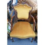 GOLD COVERED SINGLE MAHOGANY ARM CHAIR ON SHAPED SUPPORTS