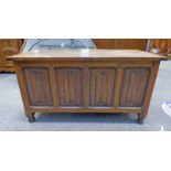 OAK COFFER WITH LINEN FOLD DECORATION 53 CM TALL X 98 CM WIDE