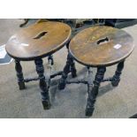 PAIR OF EARLY 20TH CENTURY ELM STOOLS ON TURNED SUPPORTS 39CM TALL