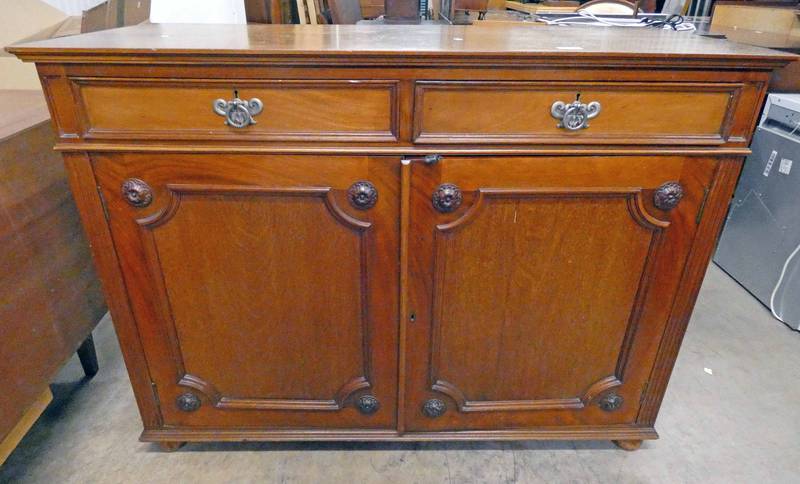 LATE 19TH CENTURY MAHOGANY CABINET WITH 2 DRAWERS OVER 2 PANEL DOORS ON BUN FEET 92 CM TALL