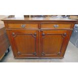 LATE 19TH CENTURY MAHOGANY CABINET WITH 2 DRAWERS OVER 2 PANEL DOORS ON BUN FEET 92 CM TALL