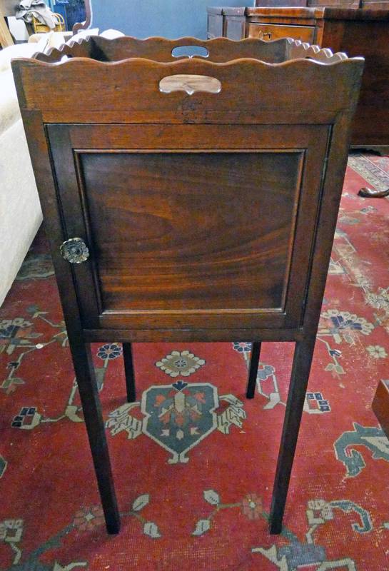 EARLY 19TH CENTURY MAHOGANY CABINET WITH GALLERY TOP OVER PANEL DOOR ON SQUARE SUPPORTS