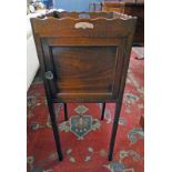 EARLY 19TH CENTURY MAHOGANY CABINET WITH GALLERY TOP OVER PANEL DOOR ON SQUARE SUPPORTS