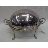 SILVER PLATED OVAL TURNOVER BACON DISH ON PAW FEET - 32CM WIDE