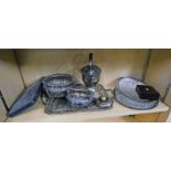 SELECTION OF SILVER PLATED WARE TO INCLUDE EMBOSSED ROSE BOWLS, TRAYS, CASED SALTS,