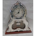 925 SILVER MOUNTED MAHOGANY MANTLE CLOCK - 26CM TALL Condition Report: The clock has