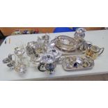 LARGE SELECTION OF SILVER PLATED WARE TO INCLUDE TEA SERVICE, TRAYS, SALTS, MUSTARD POTS,