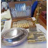 CASED SET OF 12 FISH KNIVES & FORKS WITH SILVER MOUNTS, OVAL ENTREE DISH, LIDDED BOX, ETC,