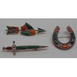 3 AGATE & MALACHITE SET BROOCHES