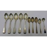 5 SILVER FIDDLE PATTERN TEASPOONS, LONDON, 4 OTHER SILVER TEASPOONS,