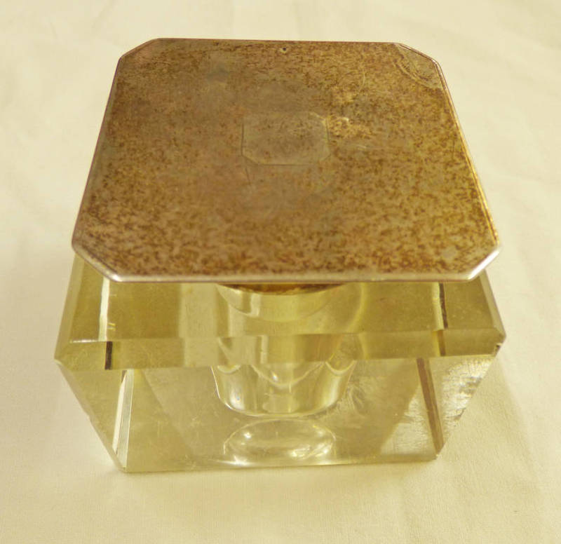 SILVER TOPPED CUT GLASS INKWELL,