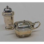 SILVER 3 PIECE CRUET SET WITH BLUE GLASS LINERS