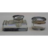 SILVER TOPPED CUT GLASS JAR & SILVER TOPPED CUT GLASS INKWELL