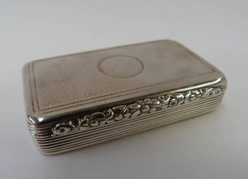 SILVER SNUFF BOX WITH FLORAL THUMB PIECE,