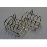 PAIR OF SILVER 5-BAR TOAST RACKS ON BALL FEET,