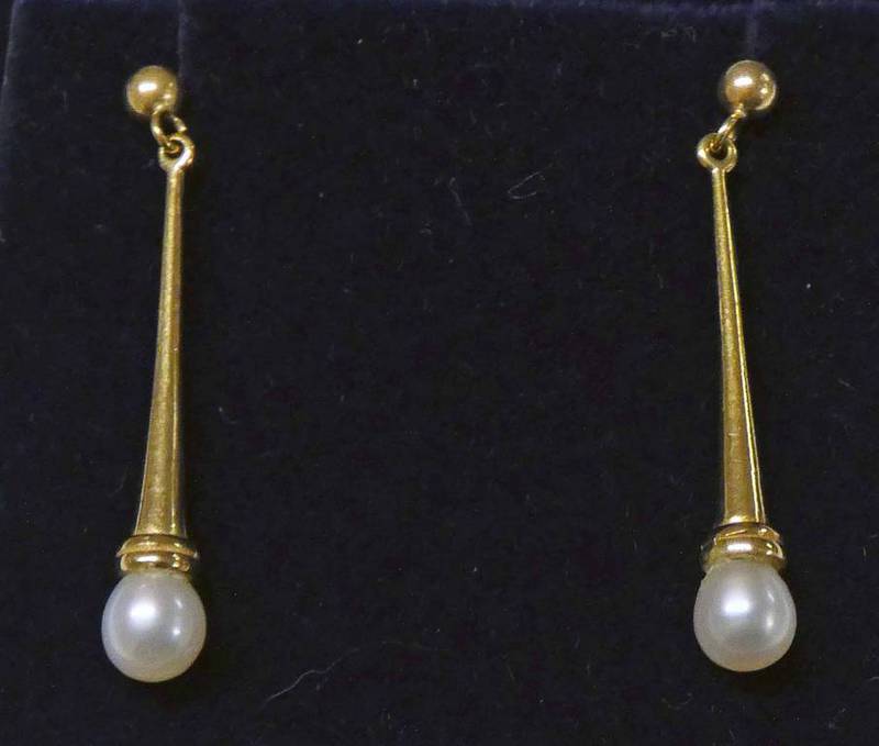 PAIR OF CULTURED PEARL & YELLOW METAL EAR DROPS