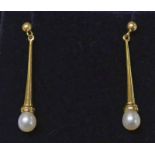 PAIR OF CULTURED PEARL & YELLOW METAL EAR DROPS