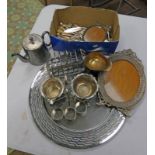 WHITE METAL PICTURE FRAME, CIRCULAR TRAY, TOAST RACK, VARIOUS CUTLERY,