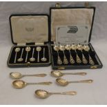 6 CASED SILVER TEASPOONS WITH PIERCED HANDLES, EDINBURGH 1957, 6 CASED SILVER SALT SPOONS,