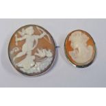 2 YELLOW METAL MOUNTED CAMEO BROOCHES - 1 MARKED 9CT,