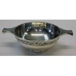 SCOTTISH SILVER QUAICH WITH CELTIC PATTERN RIM BY HAMILTON & INCHES EDINBURGH 1976 - 220G,