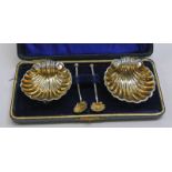 CASED PAIR SILVER SHELL SALTS WITH GILDED BOWLS & MATCHING SPOONS,