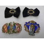 2 EARLY 20TH CENTURY ART NOUVEAU STYLISED FLORAL ENAMEL BUCKLES & PAIR OF OVAL ENAMEL BUCKLES