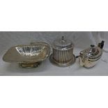 SILVER PLATED CYLINDRICAL LIDDED BISCUIT JAR WITH RIBBED DECORATION,