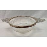 SILVER MOUNTED CUT GLASS QUAICH WITH PIERCED WORK HANDLES,