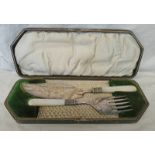 CASED MOTHER OF PEARL HANDLED FISH SERVERS WITH SILVER MOUNTS AND ENGRAVED DECORATION