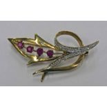 9CT GOLD RUBY & DIAMOND SPRAY BROOCH - TOTAL WEIGHT: 4 GRAMS
