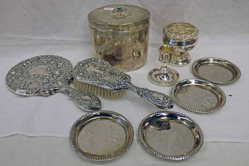 SILVER PLATED HAND MIRROR & BRUSH, SILVER PLATED OVAL BOX WITH FLORAL DECORATION,