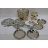 SILVER PLATED HAND MIRROR & BRUSH, SILVER PLATED OVAL BOX WITH FLORAL DECORATION,