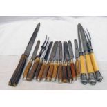 SILVER MOUNTED 3 PIECE CARVING SET & VARIOUS SILVER MOUNTED STEEL KNIVES WITH HORN HANDLES